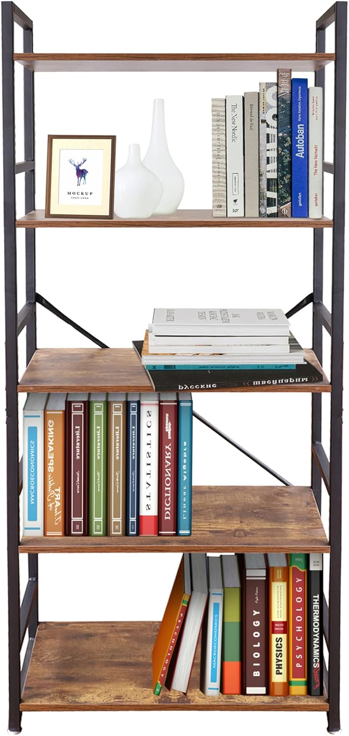 5 Tier Industrial Bookshelf, Wood and Metal, 24 x 12 x 62 I95618