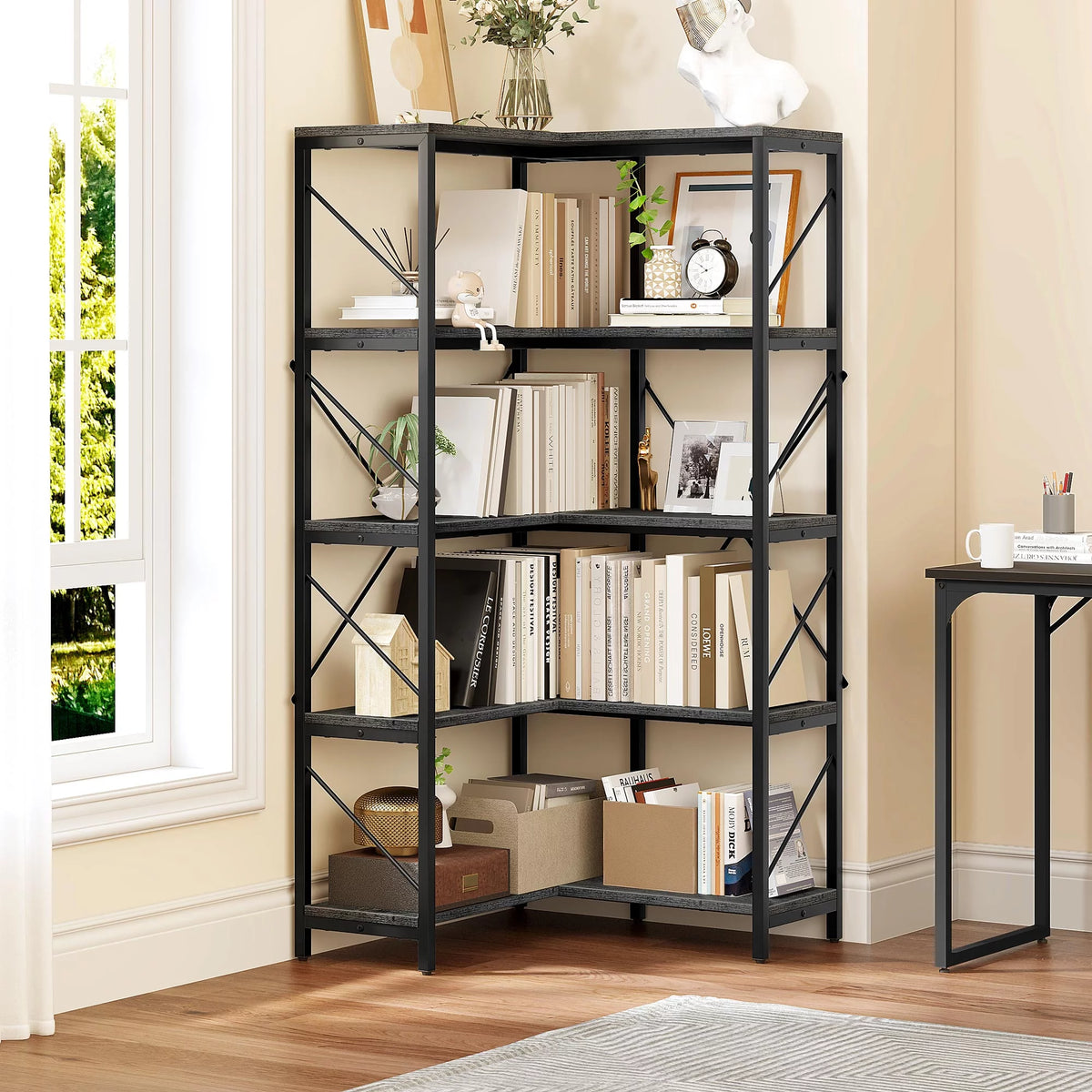 5-Tier L-Shaped Dark Gray Bookcase L3267