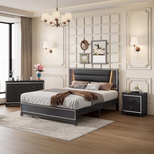 3-Pieces Queen Size Upholstered Bedroom Sets with LED Lights P2588