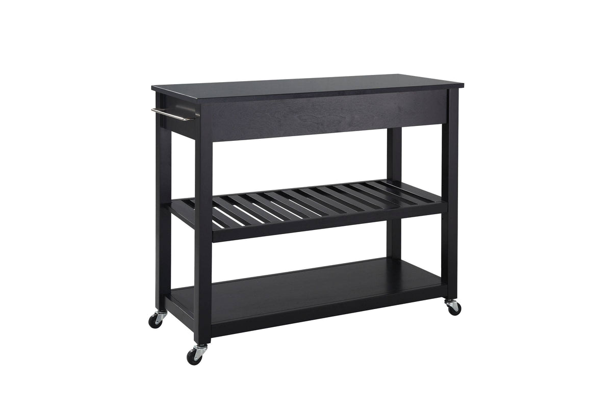 Black Granite Top Kitchen Cart Island with Stool Storage J51536