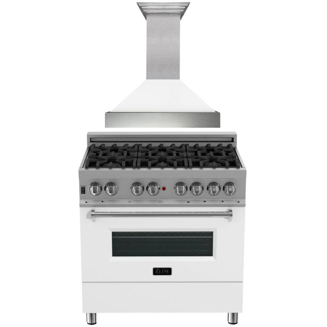 36 Dual Fuel Range with White Matte Door & Range Hood Appliance Package I81432