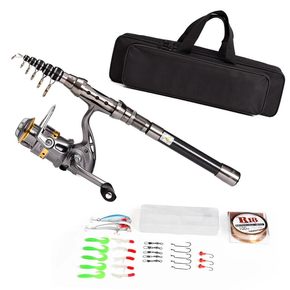 Telescopic Spinning Fishing Rod and Reel Combo Kit with Carrier Bag R47296