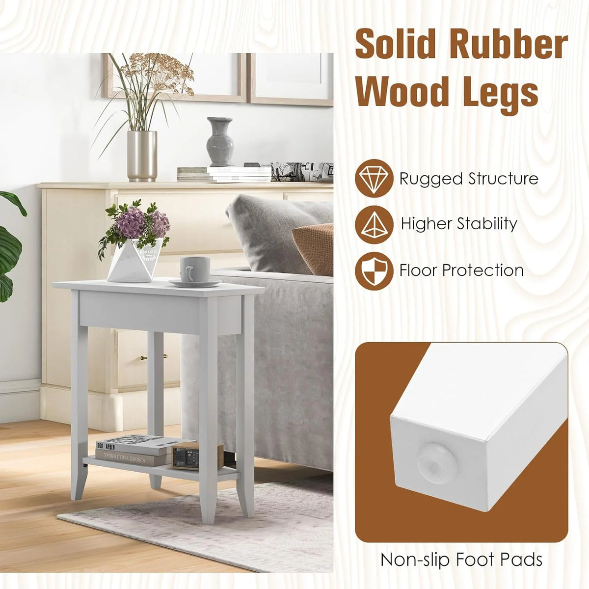 White Triangle Side Table with Storage Shelf and Solid Wood Legs Q8608