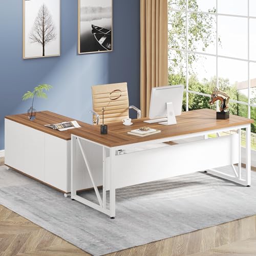 Brown and Black L-Shaped Executive Desk with File Cabinet and Drawers K694262