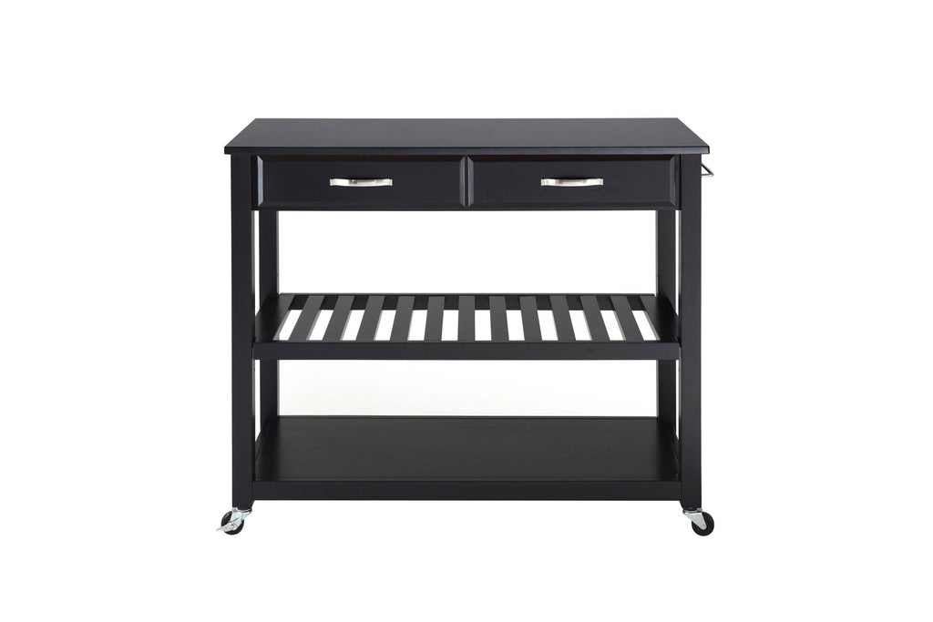Black Granite Top Kitchen Cart Island with Stool Storage J51536