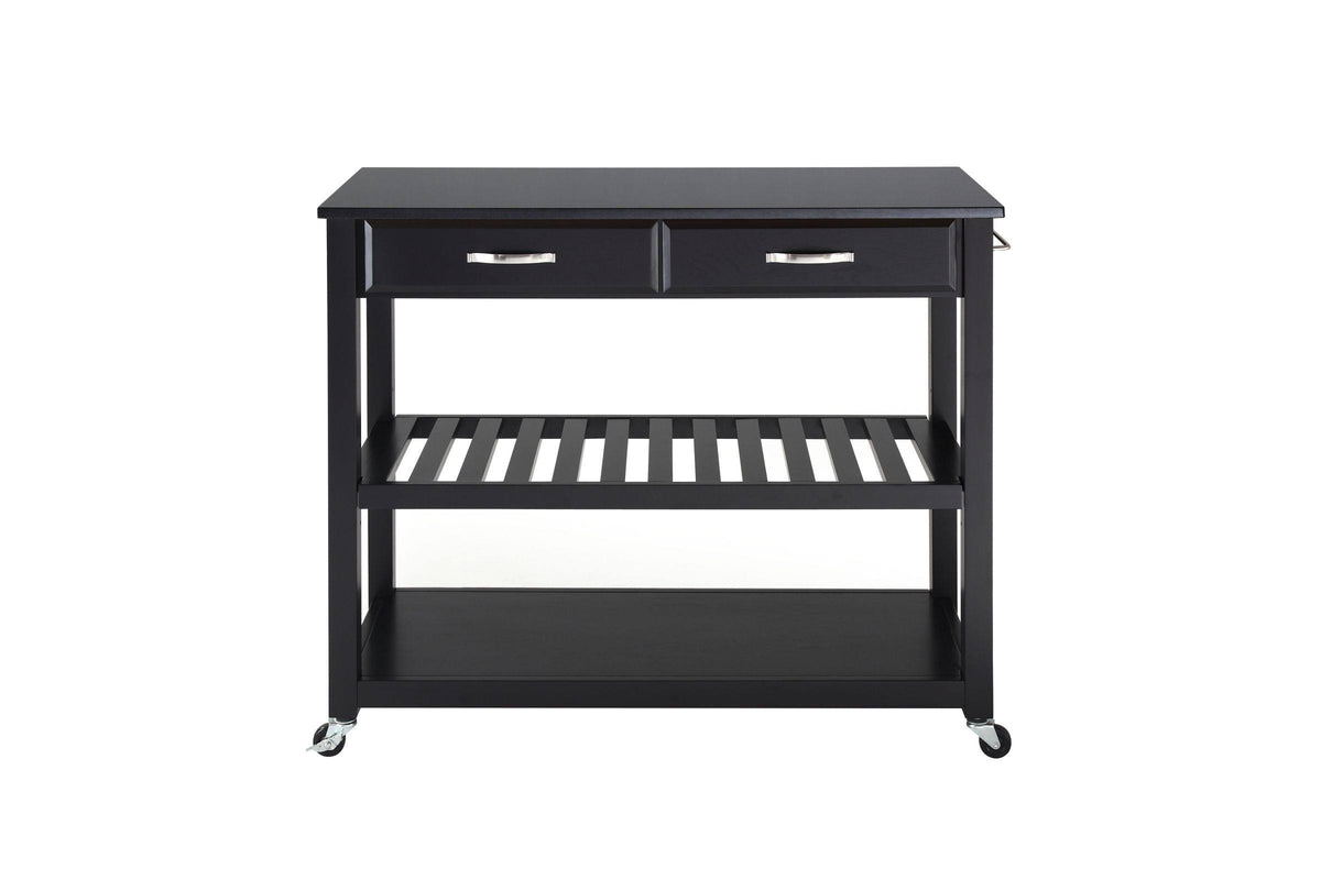 Black Granite Top Kitchen Cart Island with Stool Storage J51536