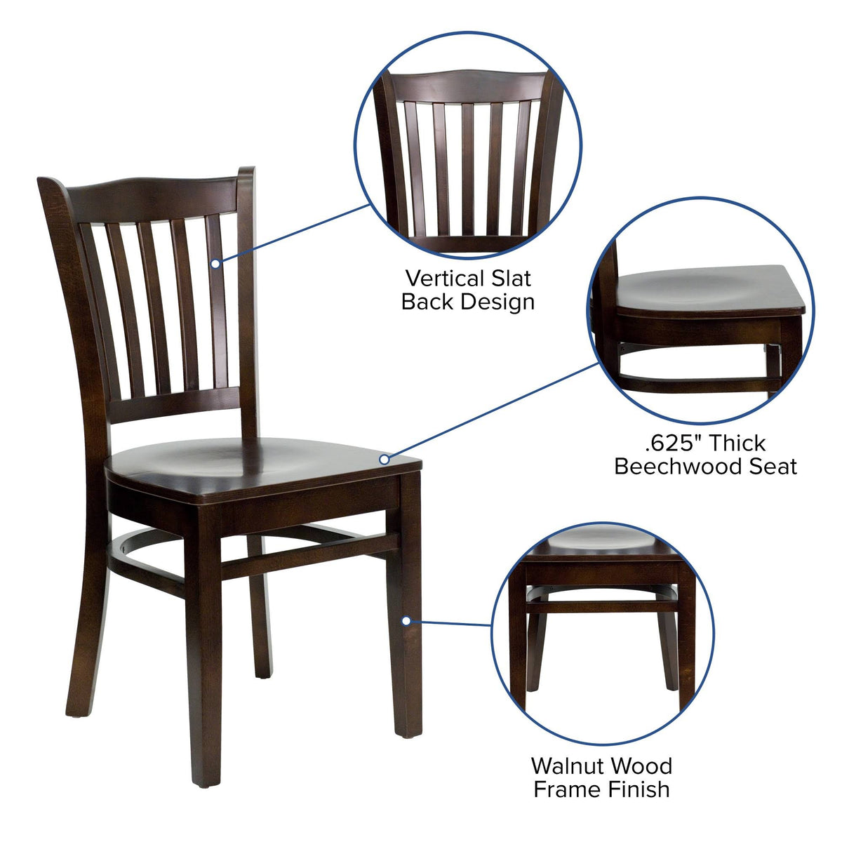 Vertical Slat Back Walnut Wood Restaurant Chair R24011