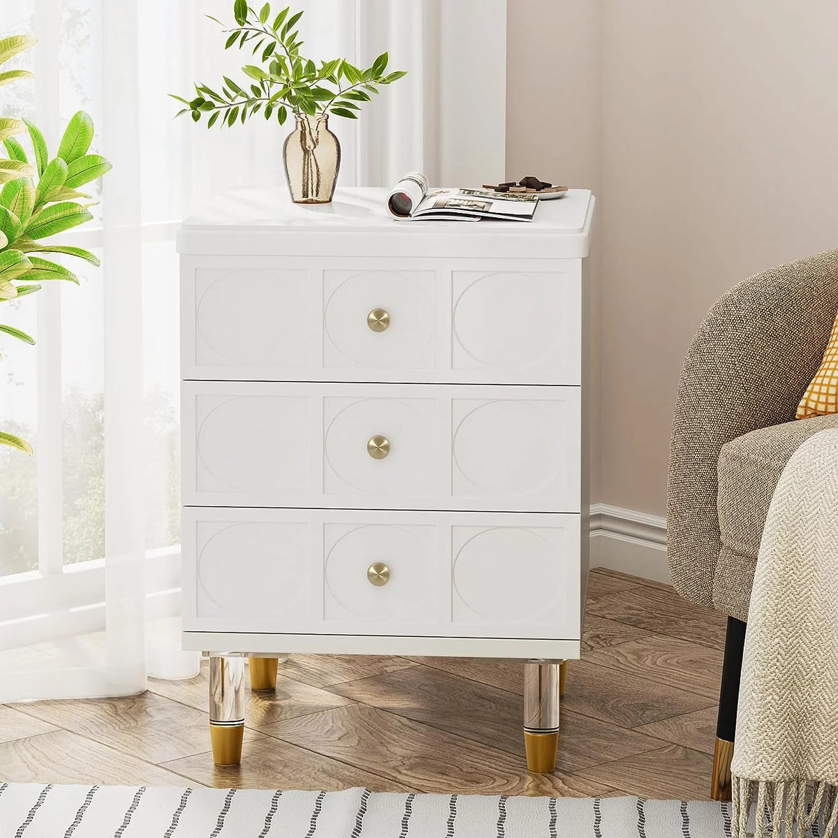 White Gold 3 Drawer Nightstand Z3389