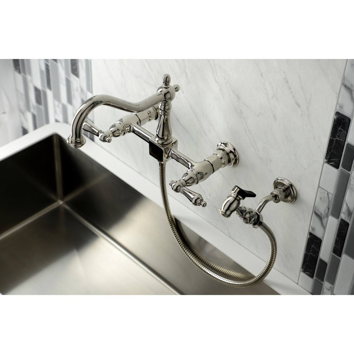 Polished Chrome Two-Handle Wall Mount Kitchen Faucet with Sprayer A526052