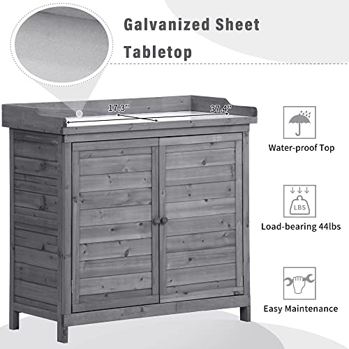 39" Outdoor Wooden Potting Bench Table with 2 Shelves and Storage Cabinet (Black) I54497