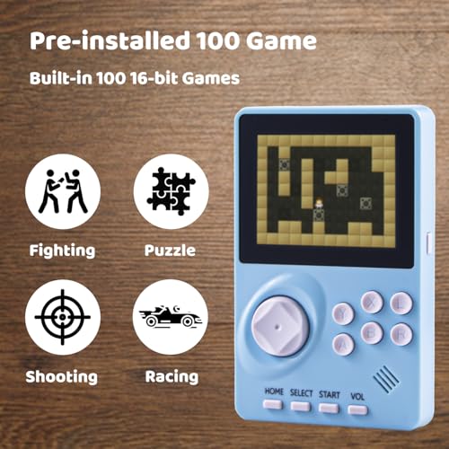 Kids Handheld Video Game Console with 100 16-bit Games, 2.8" Color Screen, Rechargeable Battery (Light Blue) J707