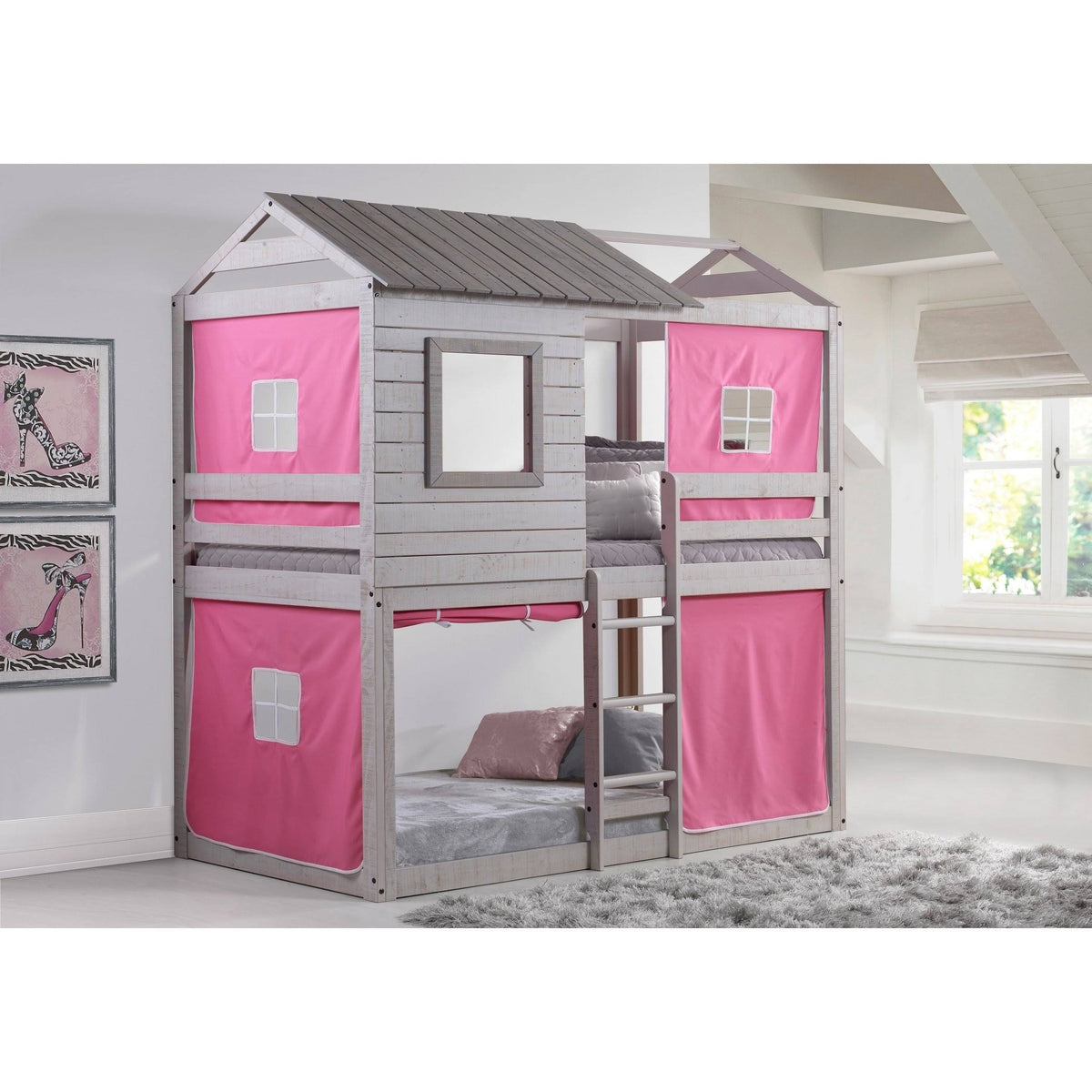 Twin Over Twin Size Bunk Loft Bed with Tent A279950