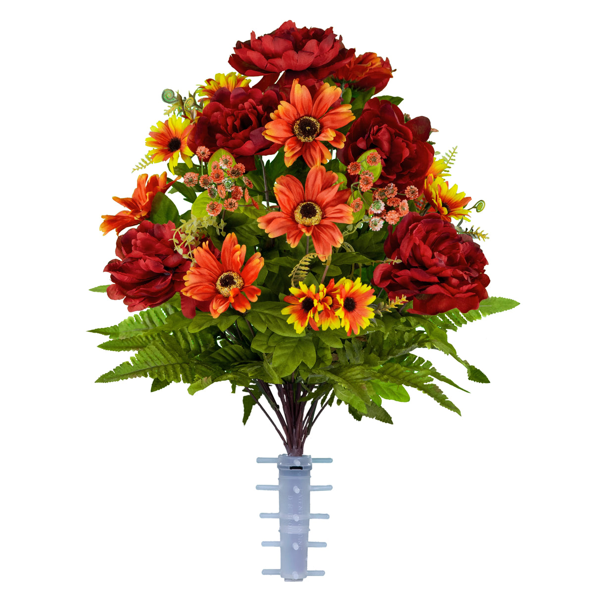 Artificial Cemetery Fall Flowers 24" Burgundy Peony Orange Daisy with Vase A7187