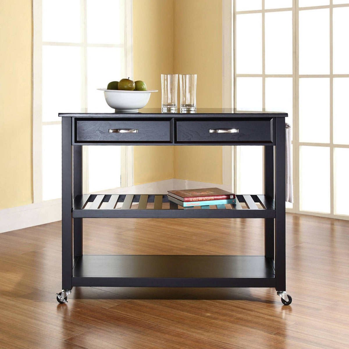 Black Granite Top Kitchen Cart Island with Stool Storage J51536