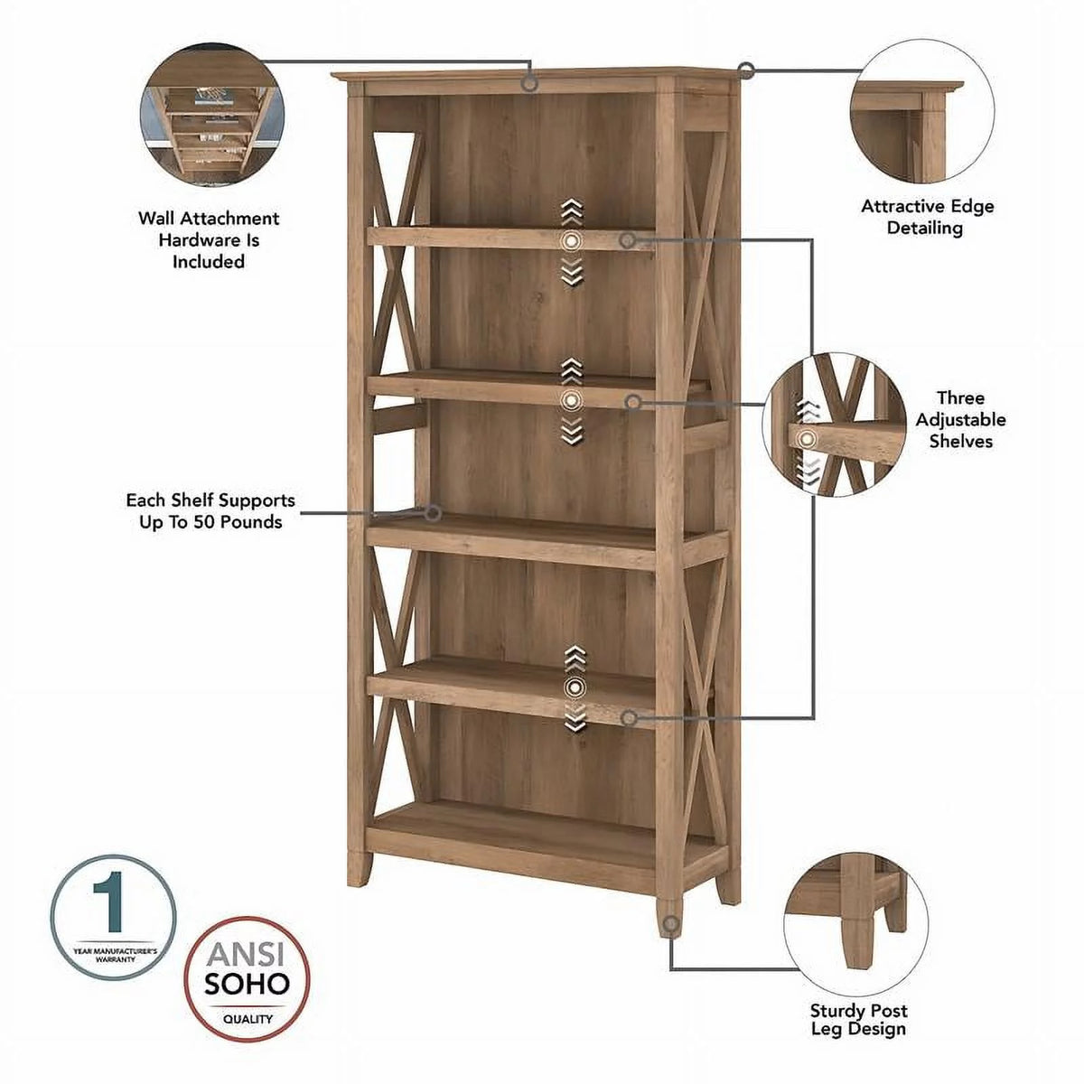 5-Shelf Reclaimed Pine Wood Bookcase C993