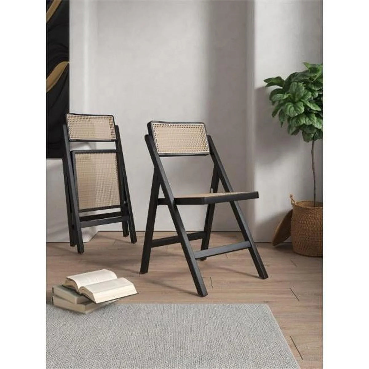 Black & Natural Cane Folding Dining Chair Set of 4 Q39861