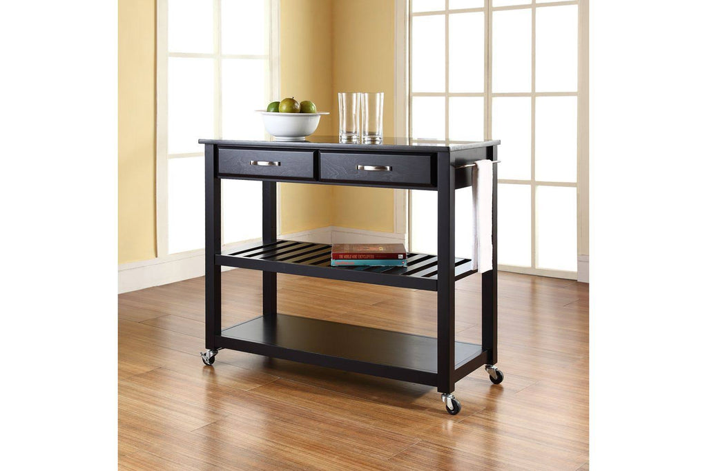 Black Granite Top Kitchen Cart Island with Stool Storage J51536