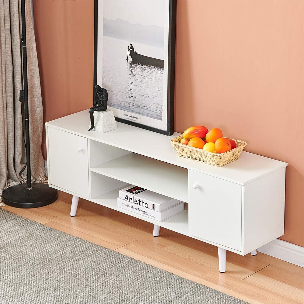 White Wood TV Stand Cabinet with 2 Doors V2417