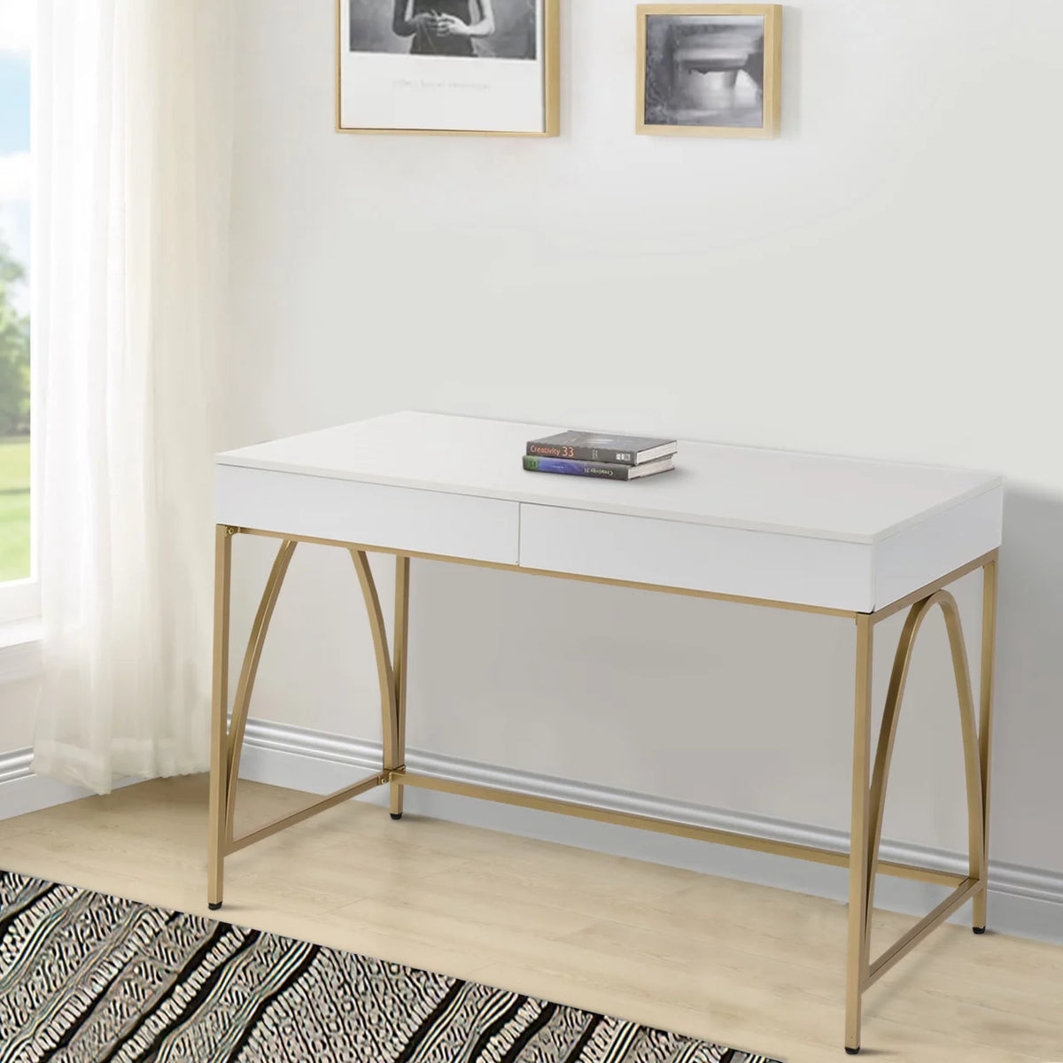 Rectangular Wooden Frame Desk with 2 Drawers and Metal Legs J3280