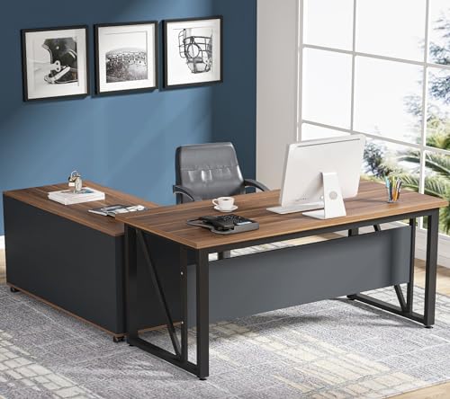Brown and Black L-Shaped Executive Desk with File Cabinet and Drawers K694262