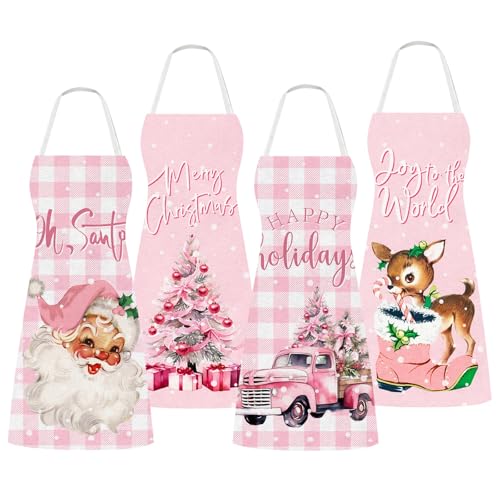 4Pcs Pink Christmas Kitchen Cooking Aprons T47293
