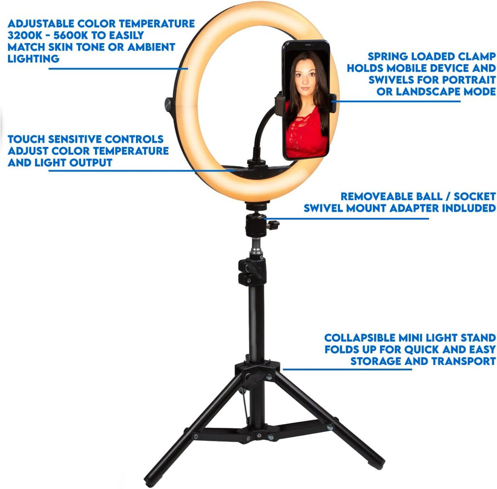 10 Compact Foldable Dimmable LED Video Ring Light Kit with Phone Holder and Light Stand F163361