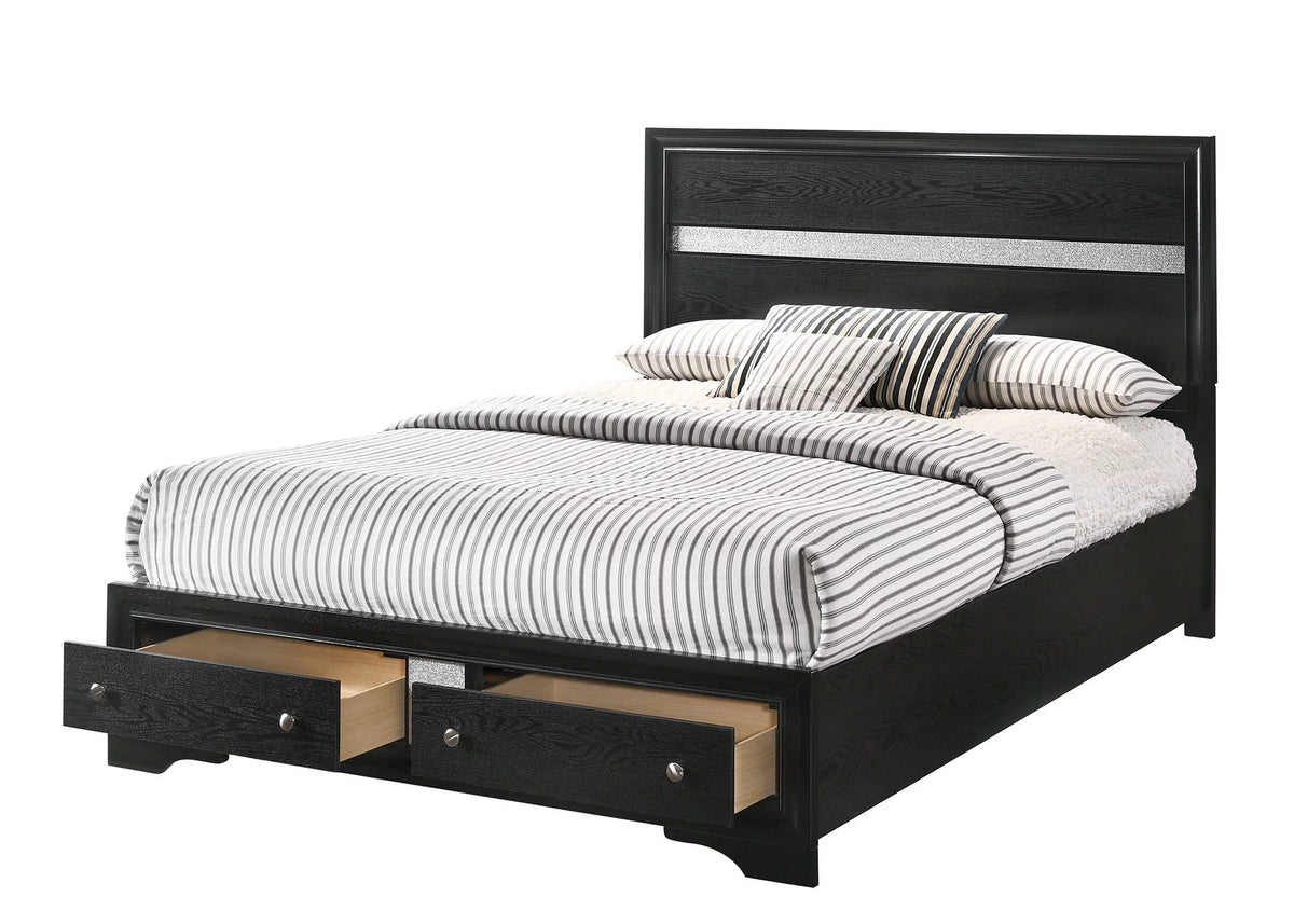 Queen Size Storage Drawers Bed Set Black Silver Wooden H19635