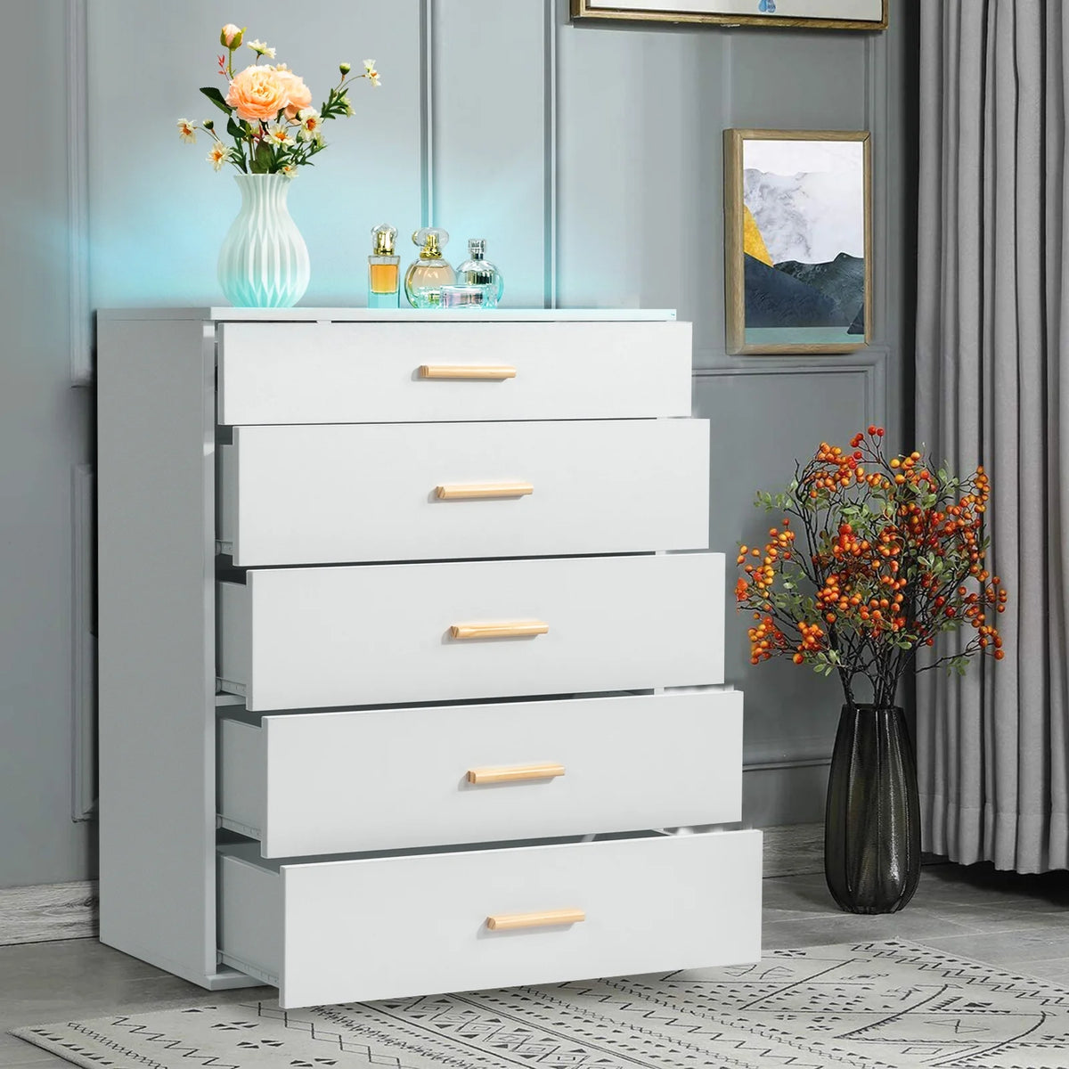 White 5 Drawer Dresser with Tempered Glass Top W83098