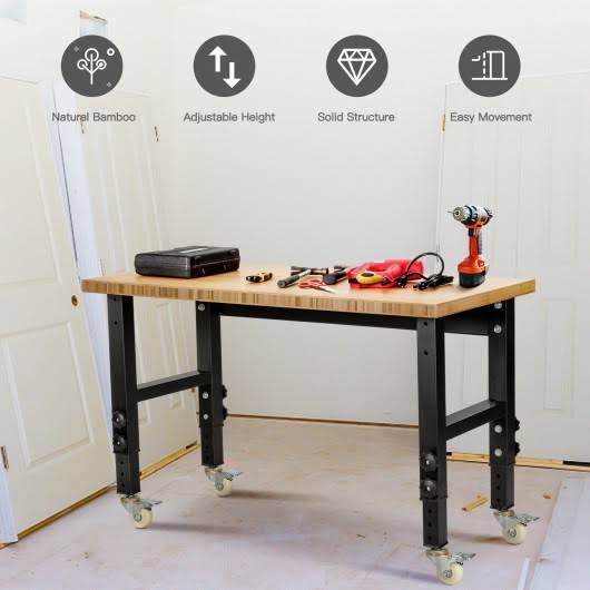 Adjustable Height Bamboo Top Workbench with Caster I272782