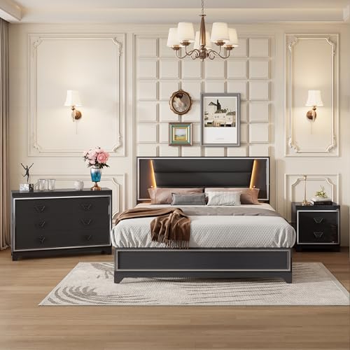 3-Pieces Queen Size Upholstered Bedroom Sets with LED Lights P2588