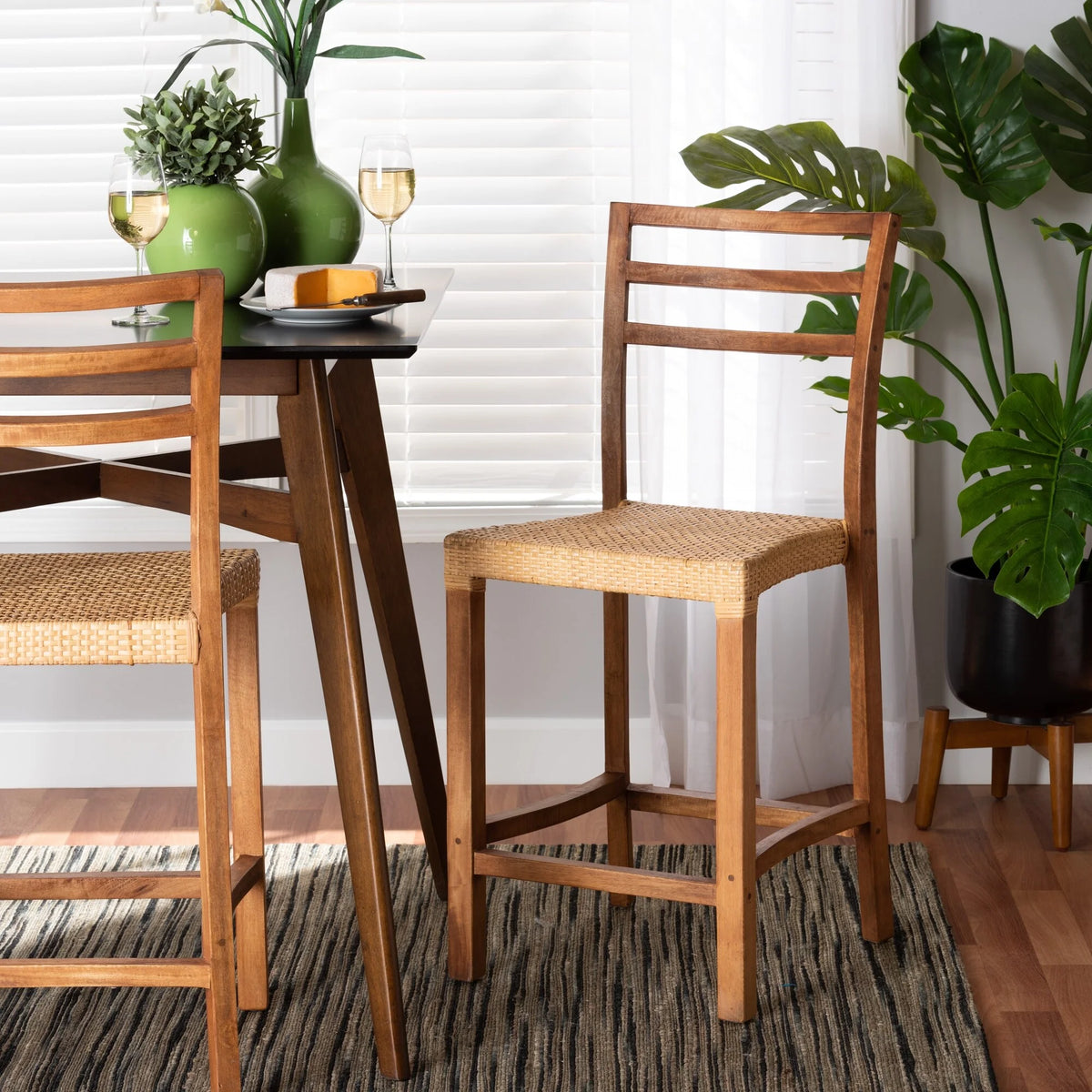 Mid-Century Wood & Natural Rattan Counter Stool D830055