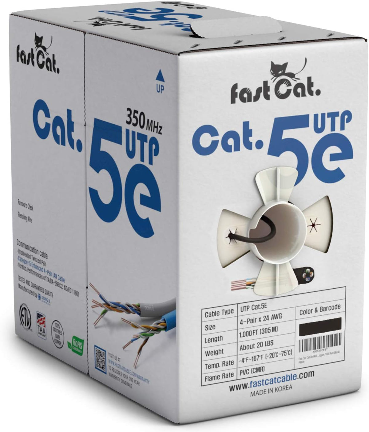 Cat5e Ethernet Cable 1000ft 24 AWG Bare Copper White Q7622