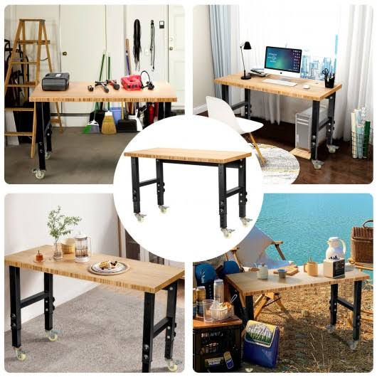 Adjustable Height Bamboo Top Workbench with Caster I272782