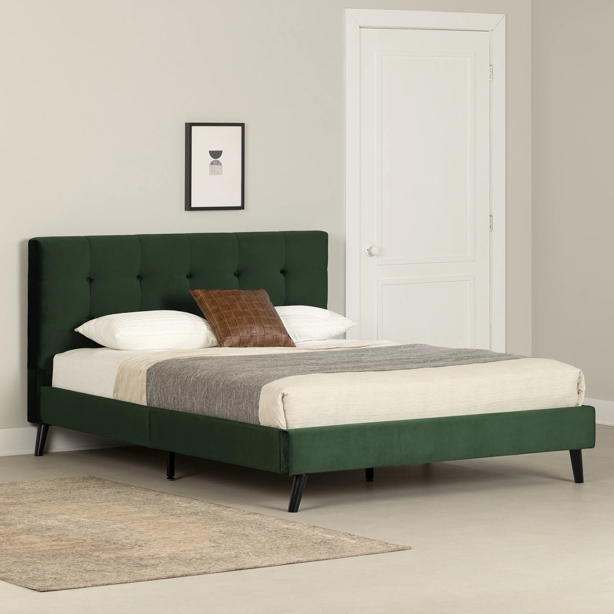 Dark Green Upholstered Queen Platform Bed with Headboard J69967