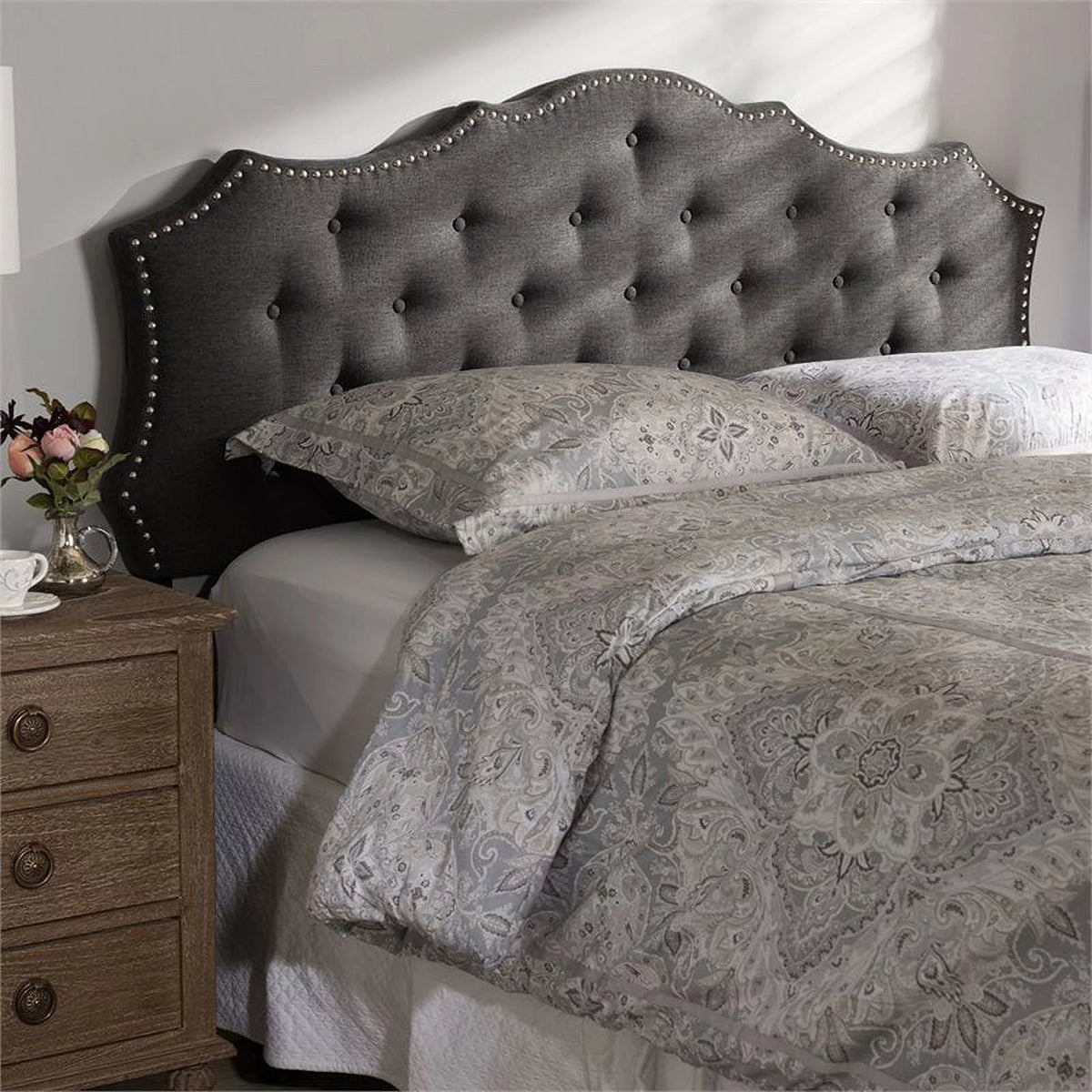 Gray Tufted Fabric King Panel Headboard V184