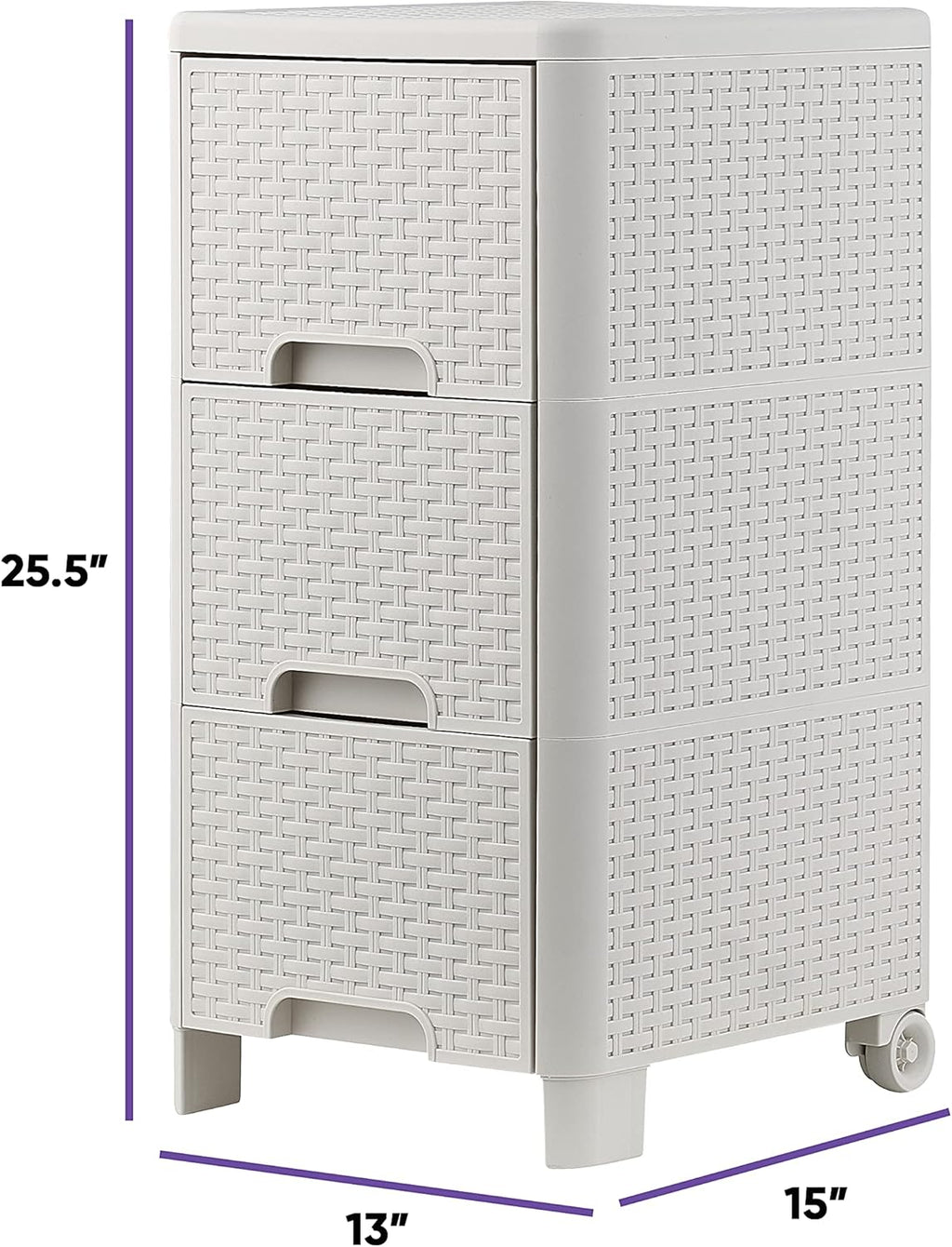 3 Drawer White Wicker Storage Cabinet with Wheels S8819
