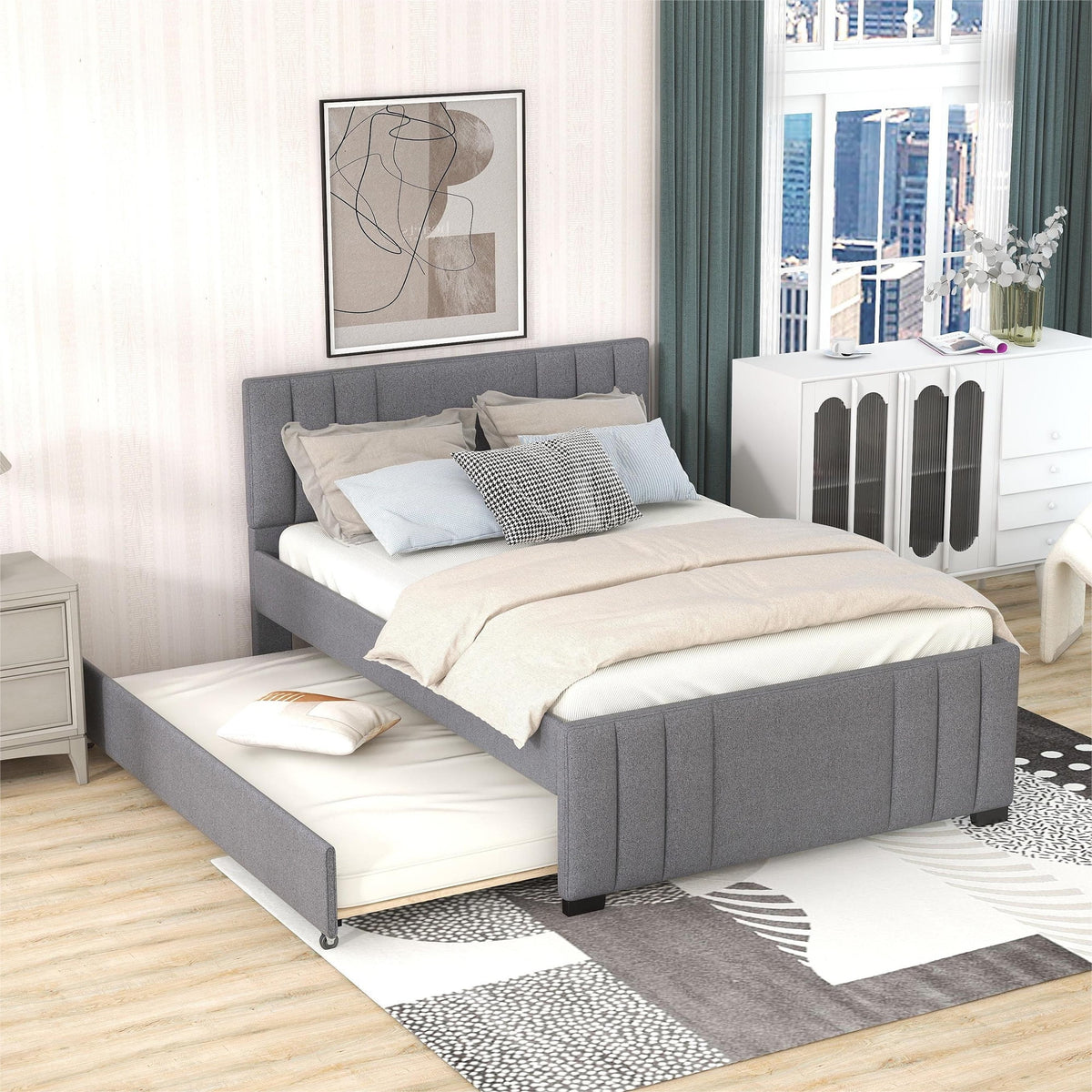 Gray Tufted Full Upholstered Platform Bed with Trundle and Headboard O74567