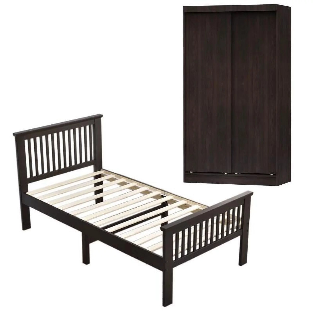 2-Piece Set with Double Sliding Door Wardrobe & Twin Bed W65670