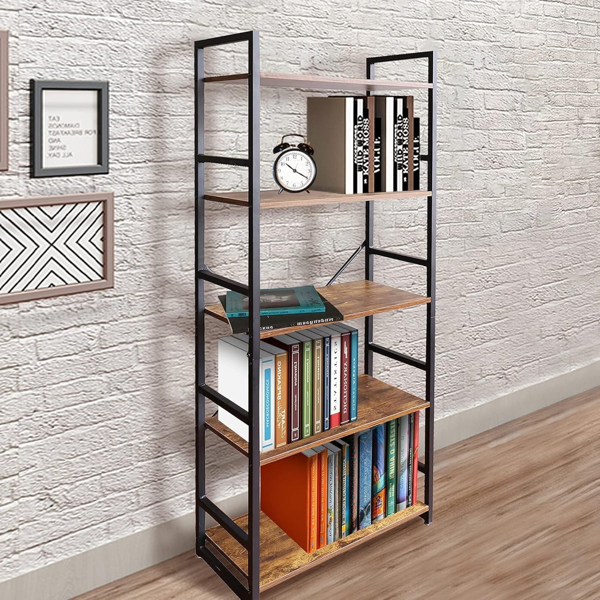 5 Tier Industrial Bookshelf, Wood and Metal, 24 x 12 x 62 I95618