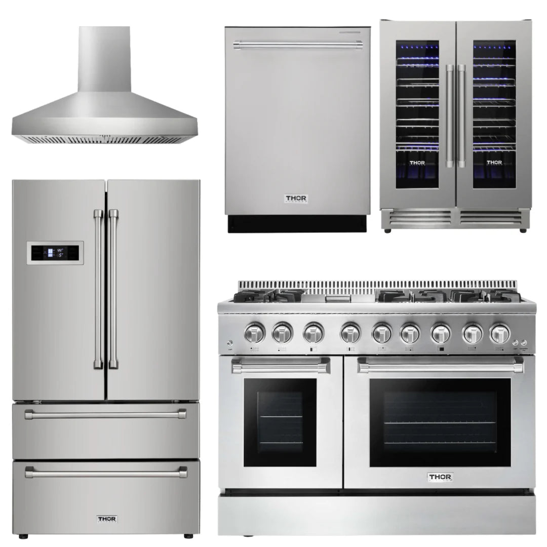 48 Inch Dual Fuel Range, Range Hood, Refrigerator, Dishwasher, Wine Cooler H7923