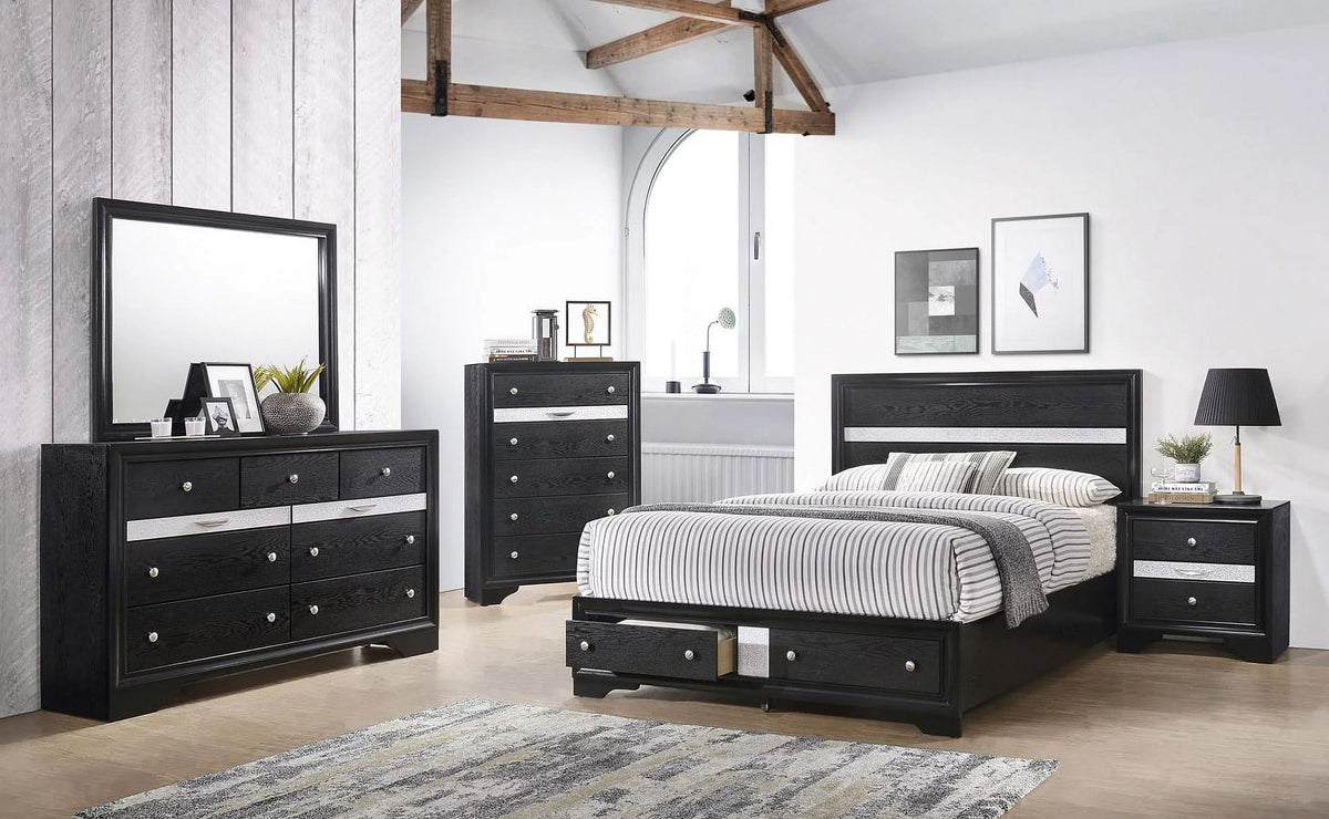 Queen Size Storage Drawers Bed Set Black Silver Wooden H19635