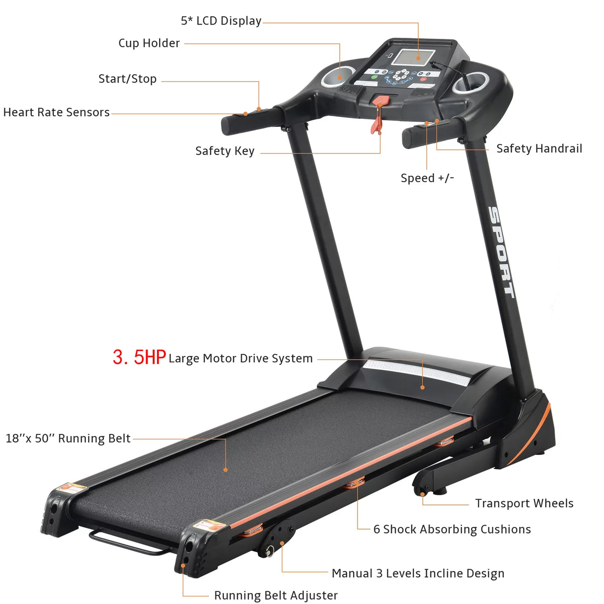 3.5 HP Folding Treadmill 330 LB Capacity J134091