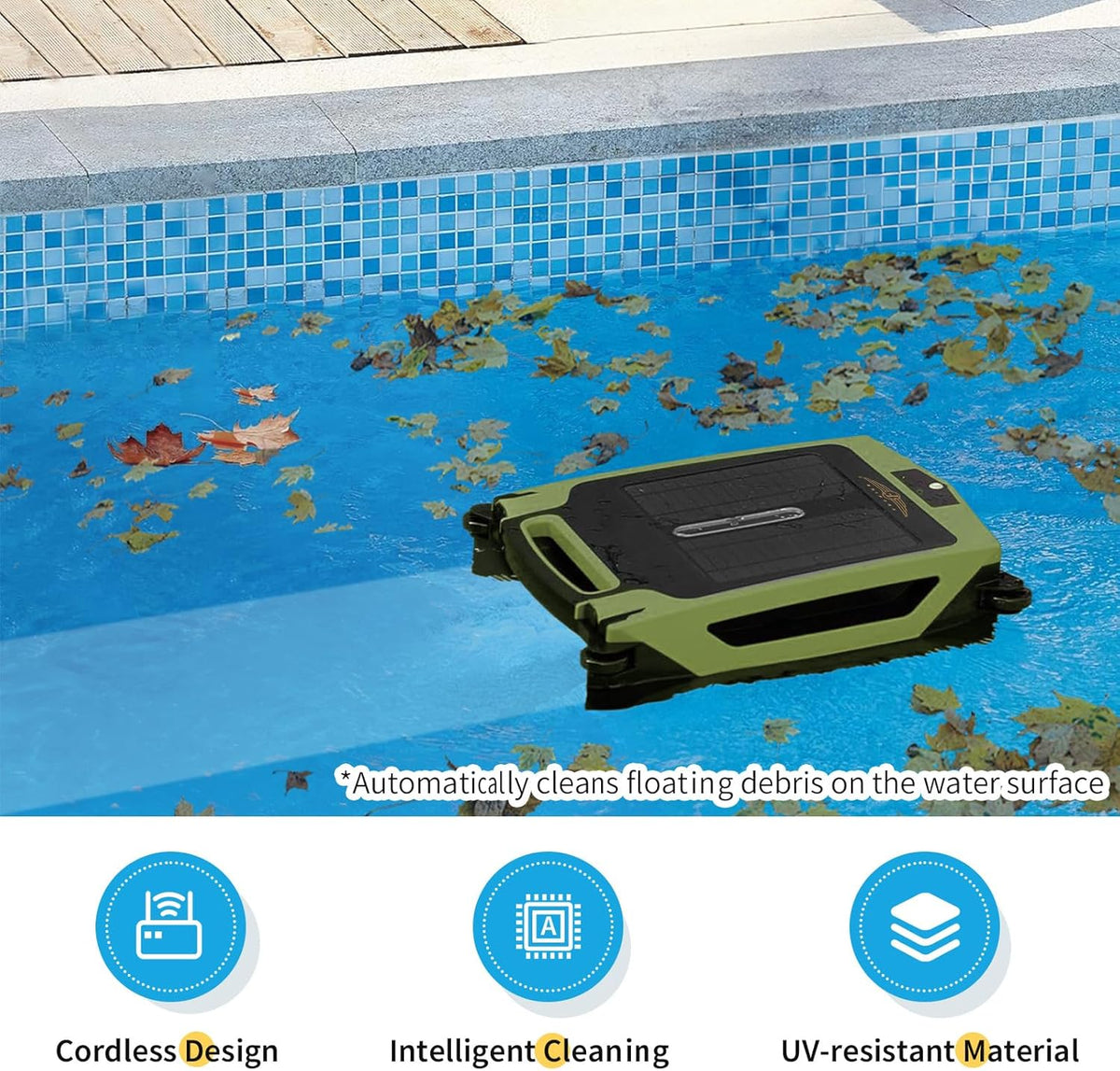 Cordless Robotic Pool Cleaner, Solar Powered Pool Skimmer with Dual Charging Options, Pool Robot Vacuum with Automatic Obstacle Avoidance, Green P17202