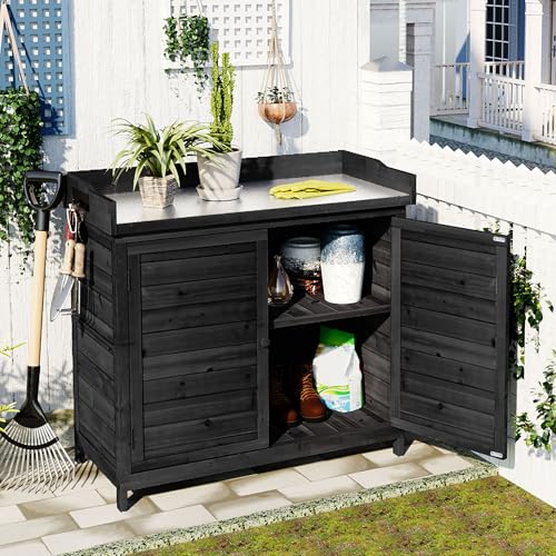 39" Outdoor Wooden Potting Bench Table with 2 Shelves and Storage Cabinet (Black) I54497