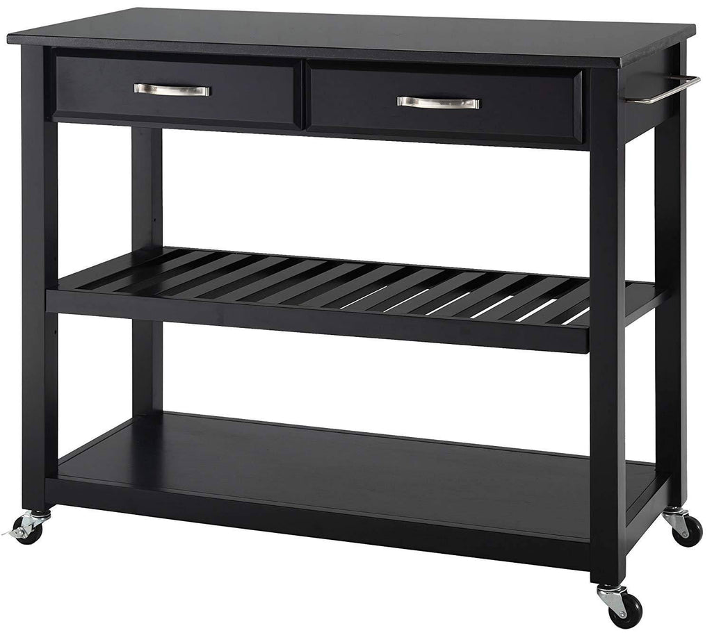 Black Granite Top Kitchen Cart Island with Stool Storage J51536