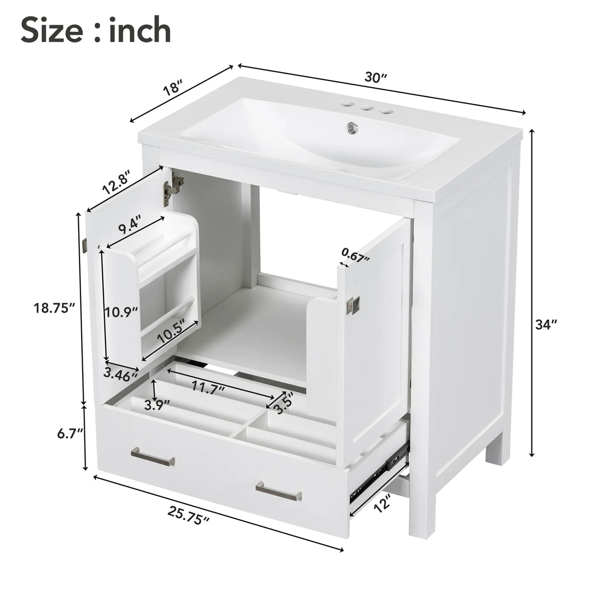 30" White Bathroom Vanity with Sink N912