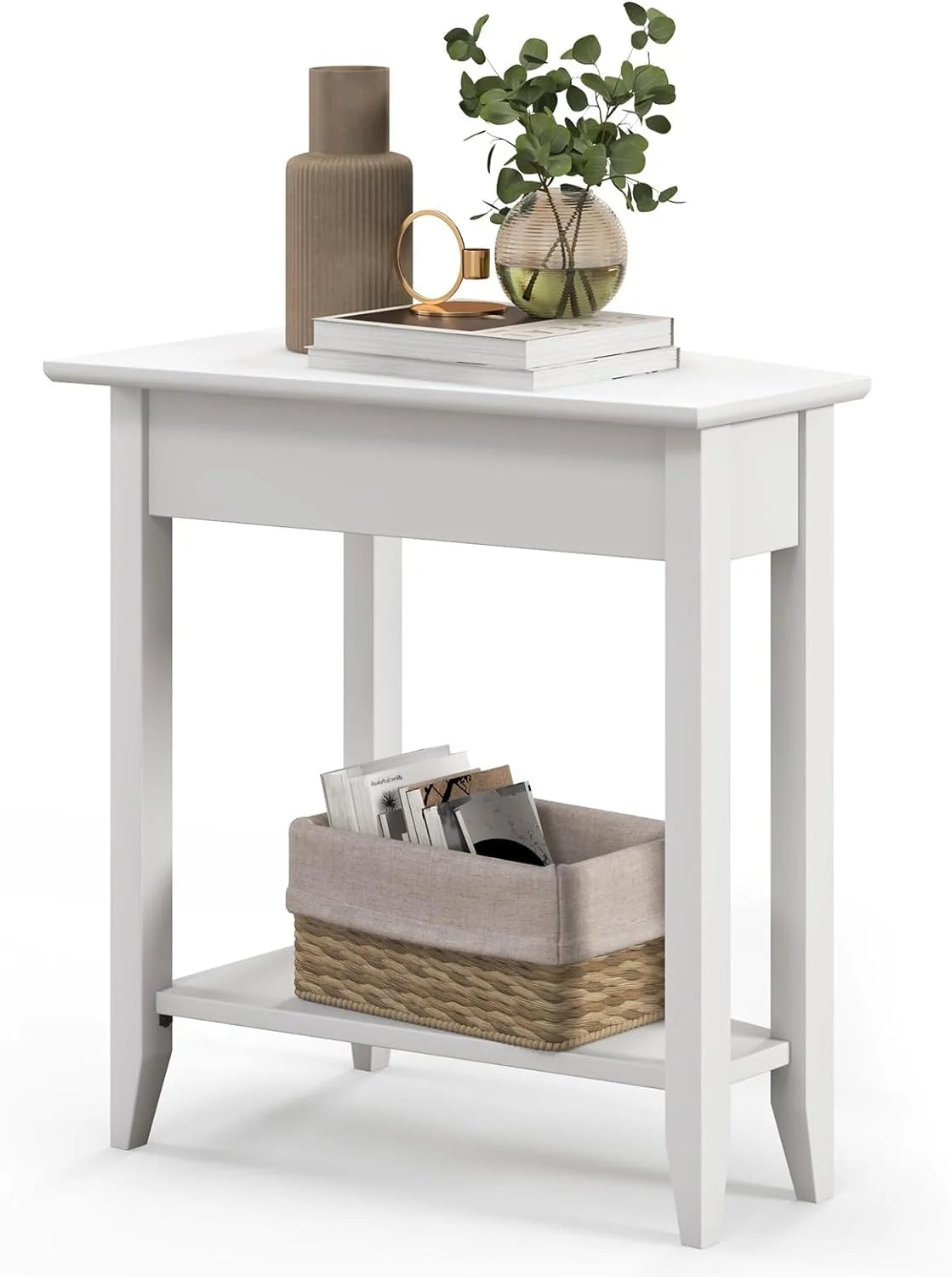 White Triangle Side Table with Storage Shelf and Solid Wood Legs Q8608