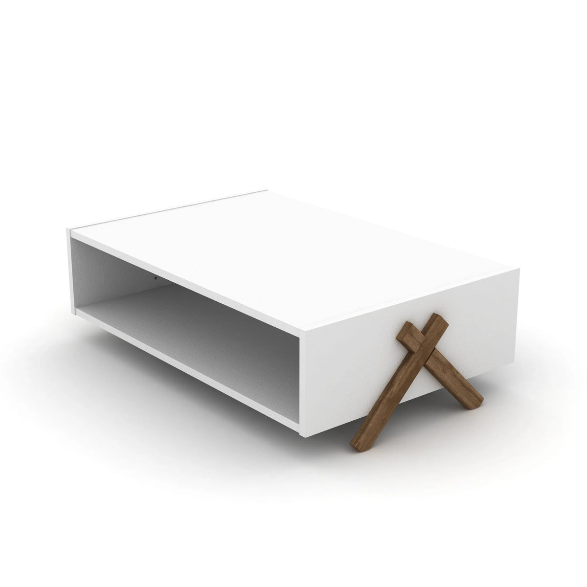 Cross Legs Wooden Rectangular Coffee Table with Interior Shelving Q138769