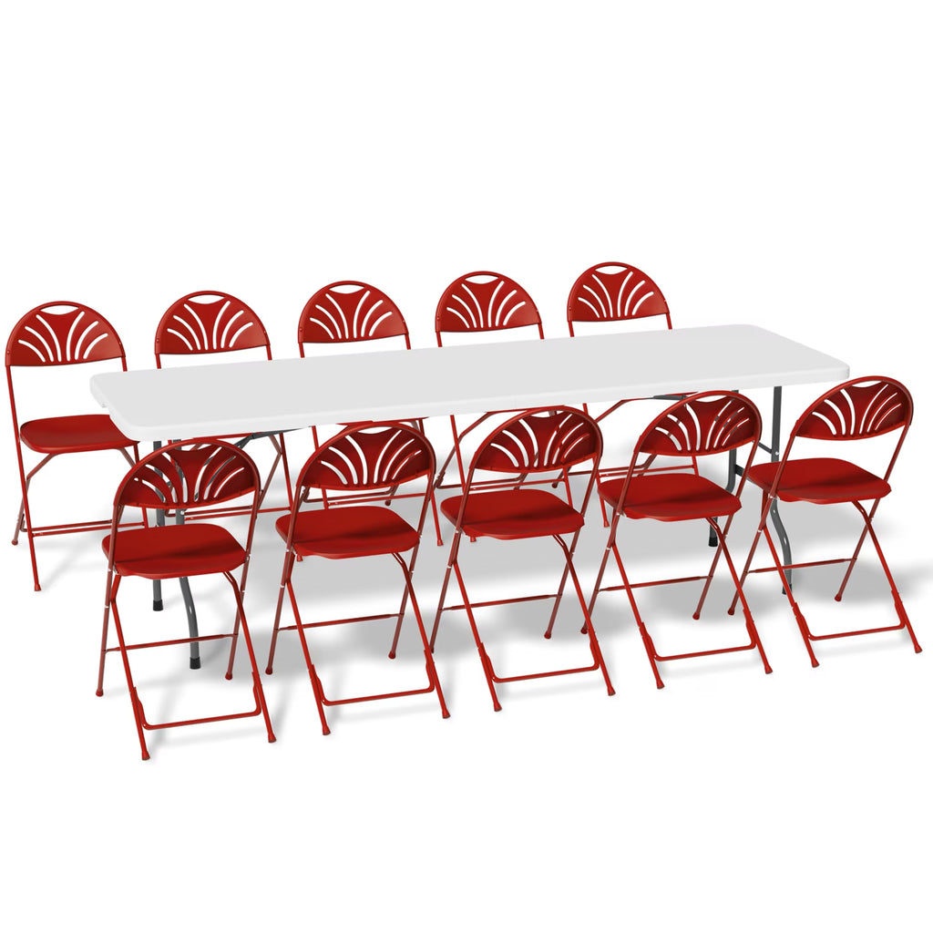 11 Pieces 8 Ft White Heavy Duty Utility Table and 10 Red Chair Set Folding Round Table with Handle D69000