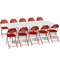 11 Pieces 8 Ft White Heavy Duty Utility Table and 10 Red Chair Set Folding Round Table with Handle D69000